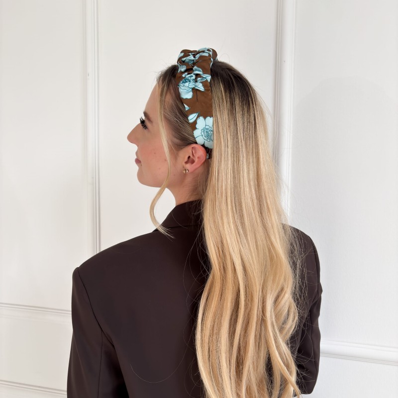 Seidenband, gerafft, braun mit blauen Blumen