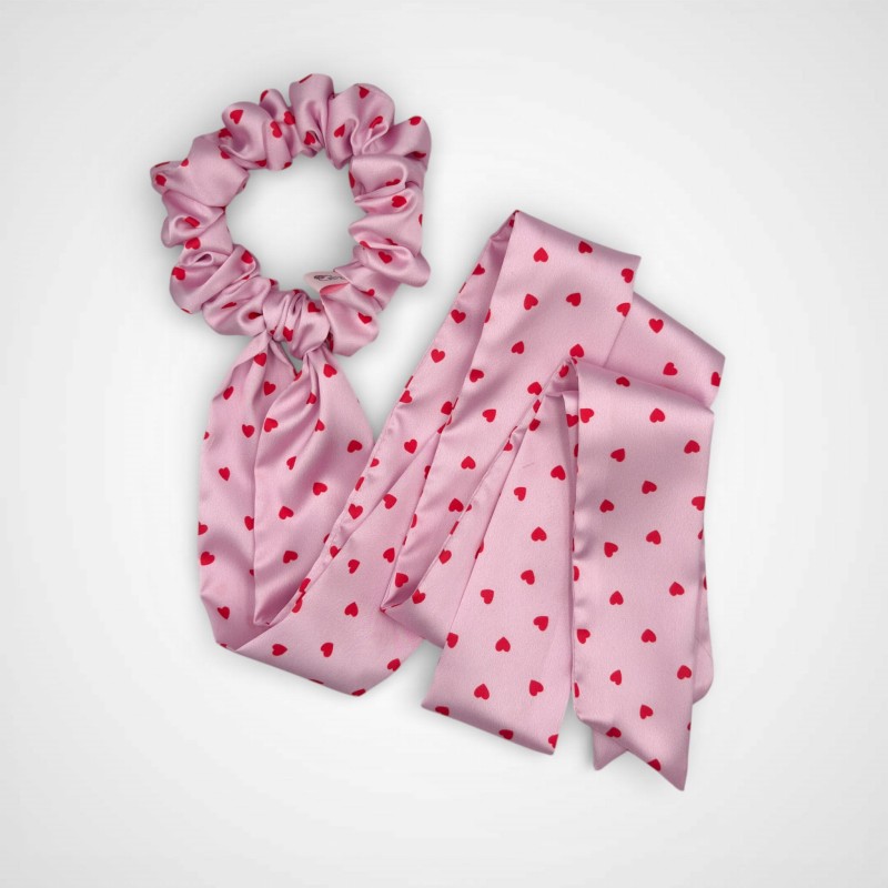 SCRUNCHIE DŁUGA WSTĄŻKA PINK CRUSH CZERWONE SERDUSZKA