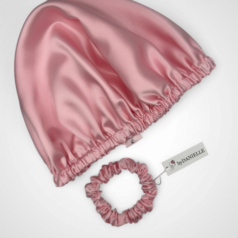 JEDWABNY CZEPEK  + MINI SCRUNCHIE PEARL PINK