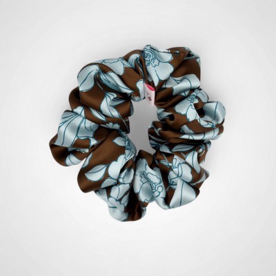 Seidenhaargummi braun mit blauen Blumen