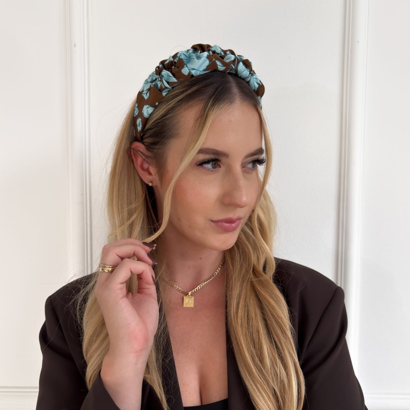 Seidenband, gerafft, braun mit blauen Blumen