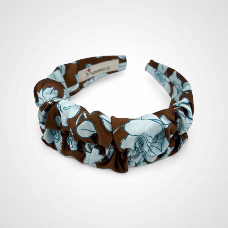 Seidenband, gerafft, braun mit blauen Blumen
